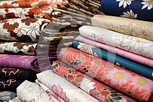 a variety of folded kimono fabrics with patterns