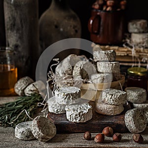 Variety of French Cheeses in a Dusty Pantry