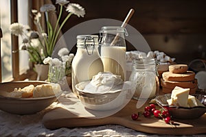 Variety of French delicacies on wooden table. Fresh dairy products