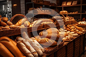 Variety of fresh bread on bakery shop counter - Delicious bread loaves, bread rolls and baguettes on supermarket shelves