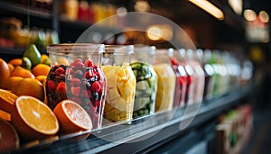 A variety of fresh fruits on a supermarket shelf generated by AI