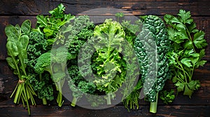 Variety of fresh green leafy vegetables on a dark wood background. Generated AI
