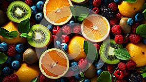 Variety of fresh juicy tropical fruits background. Splash of vitamins. Healthy and tasty diet. Generative AI