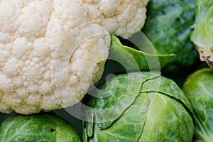 A variety of fresh Organic Vegetables including Brussels sprouts, Cauliflowers, Cabbage.