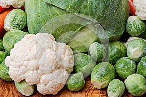 A variety of fresh Organic Vegetables including Brussels sprouts, Cauliflowers, Cabbage.