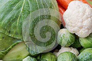 A variety of fresh Organic Vegetables including Brussels sprouts, Cauliflowers, Cabbage.