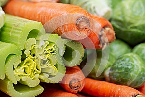 A variety of fresh Organic Vegetables including Carrots, Cabbage, Cauliflowers, Brussels sprouts.