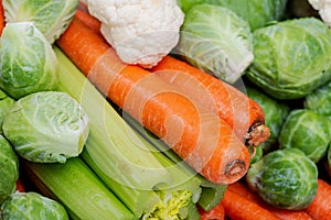 A variety of fresh Organic Vegetables including Carrots, Cabbage, Cauliflowers, Brussels sprouts.