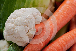 A variety of fresh Organic Vegetables including Carrots, Cabbage, Cauliflowers, Brussels sprouts.
