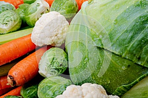 A variety of fresh Organic Vegetables including Carrots, Cabbage, Cauliflowers, Brussels sprouts.