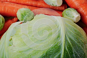 A variety of fresh Organic Vegetables including Carrots, Cabbage, Cauliflowers, Brussels sprouts.