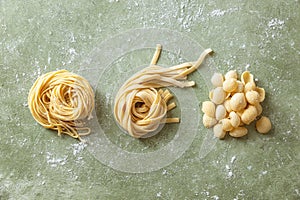 Variety of fresh raw uncooked homemade pasta