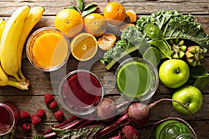 Variety of fresh vegetable and fruit juices