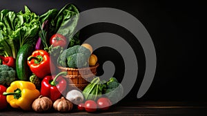 Variety of fresh vegetables on black background. Healthy food concept. Space for text