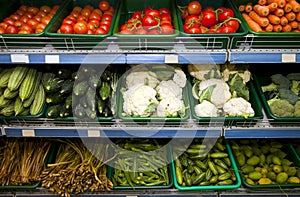 Variety of fresh vegetables on display in grocery store