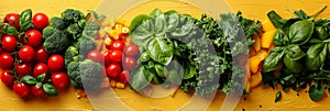 Variety of fresh vegetables and herbs on vivid yellow wooden background. Flat lay composition for vegetarian cuisine and