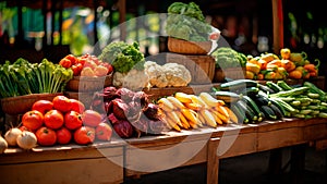 A variety of fresh vegetables for sale at a local market. Stacked tables filled with fresh organic locally grown produce