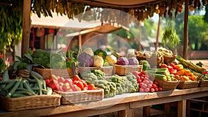 A variety of fresh vegetables for sale at a local market. Stacked tables filled with fresh organic locally grown produce