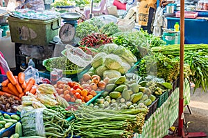 Variety of fresh vegetables are sold on the stalls for retail at the fresh food market.