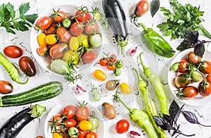 Variety of fresh vegetables - tomatoes, peppers, eggplant, zucchini on a white background.