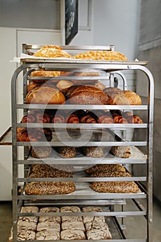 Variety of freshly baked breads cooling on an iron shelf