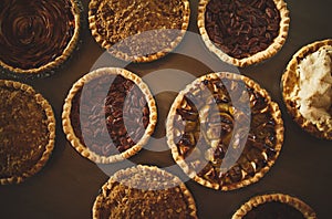 Variety of freshly made pies lined up on a kitchen table in a residential home