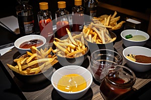 variety of fries and sauces, including sweet potato and truffle oil