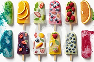 Variety of frozen fruit popsicles in the summertime, isolated on a white backdrop