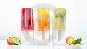 Variety of frozen fruit popsicles in the summertime, isolated on a white backdrop.