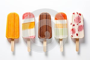 Variety of fruit and berry flavors of popsicles overhead view on white background, generative AI