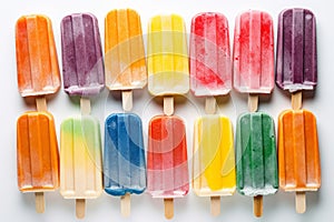 Variety of fruit and berry flavors of popsicles overhead view on white background, generative AI