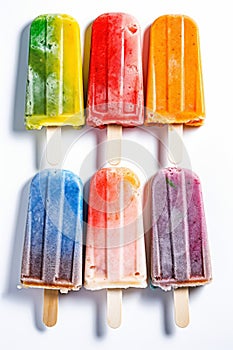 Variety of fruit and berry flavors of popsicles overhead view on white background, generative AI
