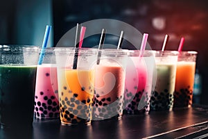 Variety of fruit cocktails, popular bubble tea, chocolate fruit flavor. Trendy Asian summer drinks