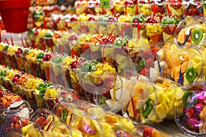 Variety of fruit salad in La Boqueria market
