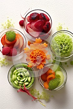 A variety of fruits and vegetables arranged in small bowls. Generative AI image.