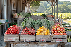 A variety of fruits and vegetables on display at a bustling farmers market