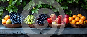 Variety of fruits and vegetables displayed on a table with bowls of grapes and apples. Concept Food