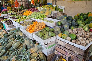 Variety of fruits and vegetables on the market in Sri Lanka.