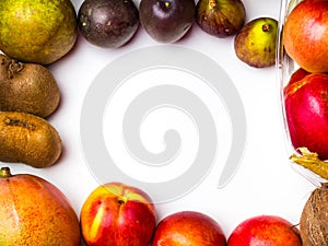 Variety of fruits and vegetables, on the white table, top view, copy space, selective focus