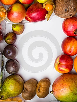 Variety of fruits and vegetables, on the white table, top view, copy space, selective focus