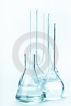 Variety of glass flasks with reagents