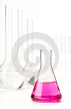 Variety of glass flasks with reagents