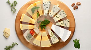 Variety of gourmet cheeses arranged on wooden board, garnished with herbs for elegant presentation