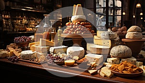 Variety of gourmet cheeses on rustic wooden table, no people generated by AI