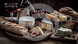 Variety of gourmet cheeses and wine pairing generated by AI