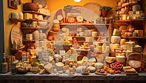 Variety of gourmet cheeses on wooden shelf in French delicatessen generated by AI