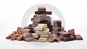 A variety of gourmet chocolate pieces on white background, close-up. Concept of sweet treats, confectionery, gourmet