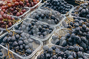 Variety of grapes on market stall. Different sorts of grapes in basket. Heap of black, pink and white grapes. Autumn harvest.