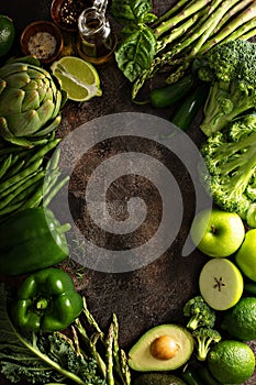 Variety of green vegetables and fruits