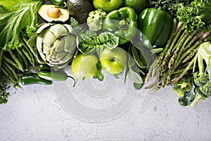 Variety of green vegetables and fruits